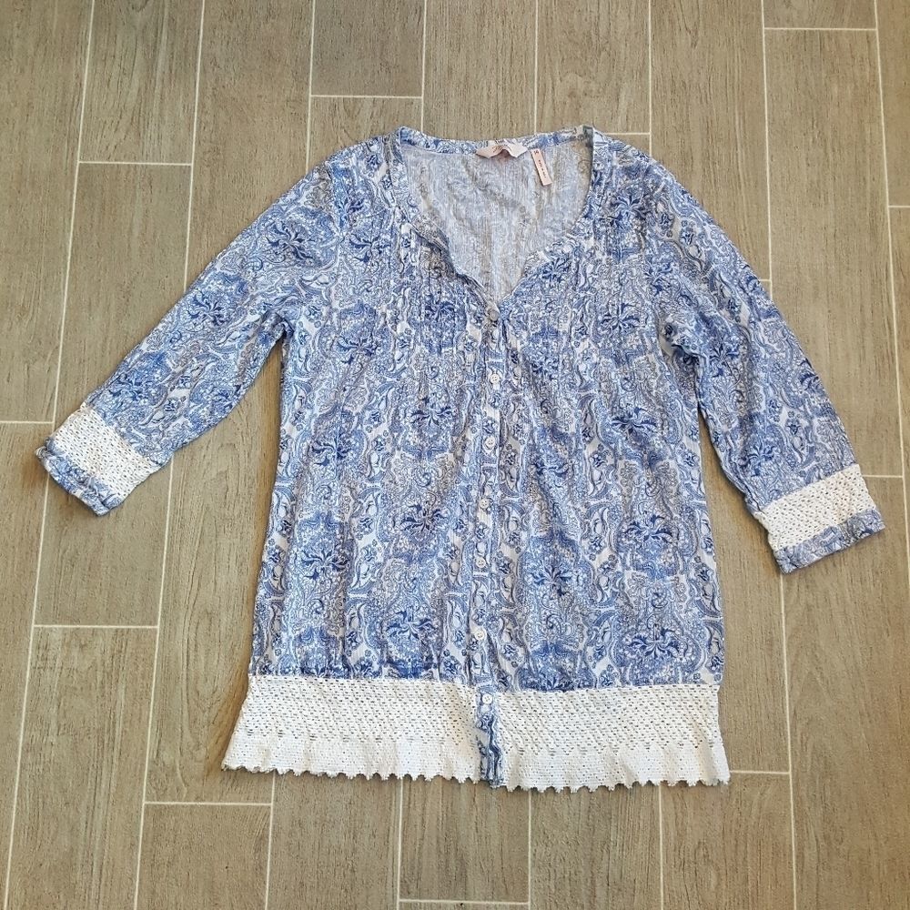 Millers Blue Print Cotton Lace Trimmed Shirt